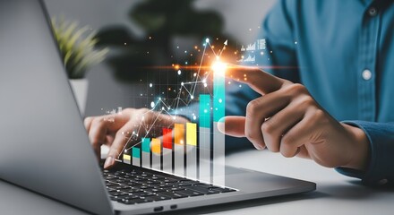 Financial growth concept Business person analyzing financial growth chart on laptop with digital data visualization overlay