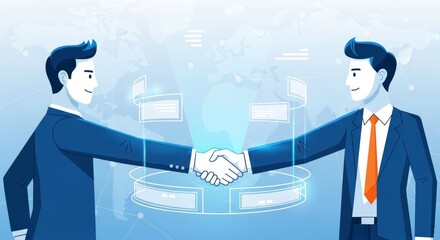 Dynamic illustration of two professional businessmen shaking hands, symbolizing a successful global business agreement and strategic partnership in a modern digital era