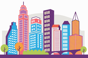 Fototapeta premium Colorful cityscape skyline with trees and bridge