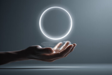 Hand Holding Floating NFC Circle. Light Ring Above Palm.