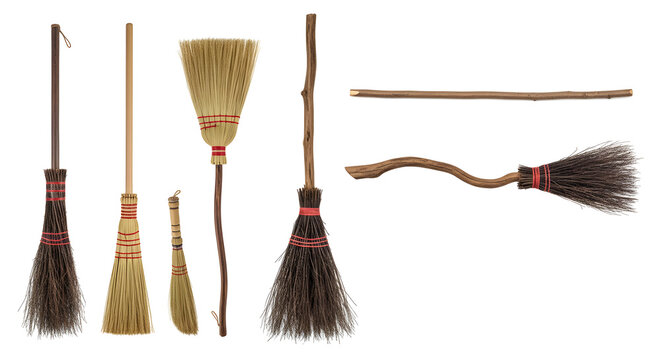 Kitchen broom set collection Traditional wooden brooms in various styles displayed on clean white background - Powered by Adobe