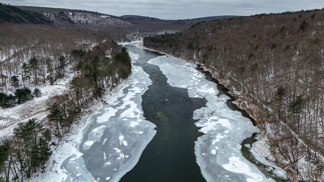 Aerial View of Frozen Delaware River in Winter