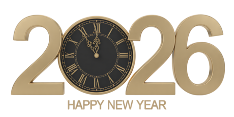 Golden 2026 numbers with a vintage clock face and happy new year text on black background