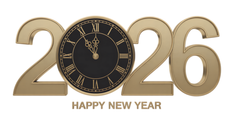 Golden 2026 numbers with a vintage clock face replacing the zero celebrating the new year