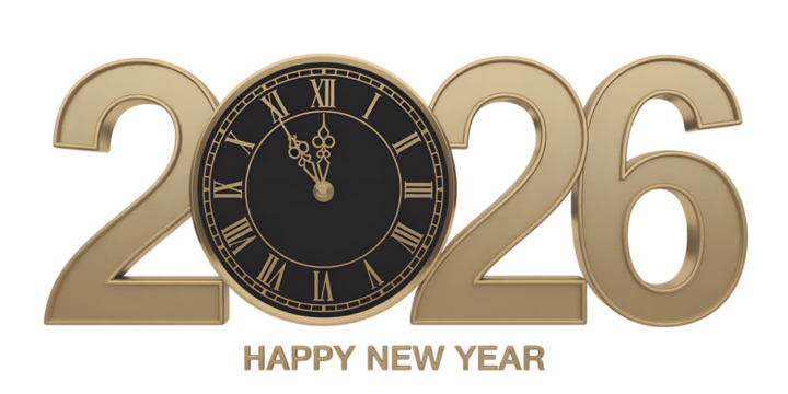 Golden 2026 numbers with a vintage clock face replacing the zero celebrating the new year