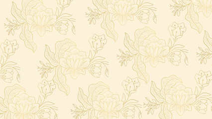 Elegant floral pattern with delicate gold outlines against a cream background creating a