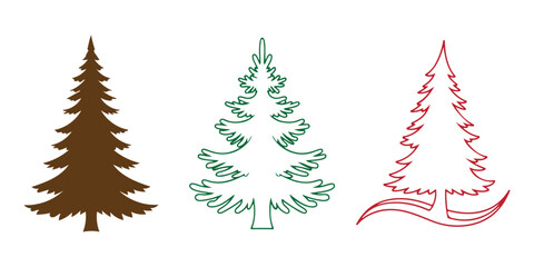 Fototapeta premium Three stylized evergreen trees: solid brown, green outline, red outline Vector, illustration