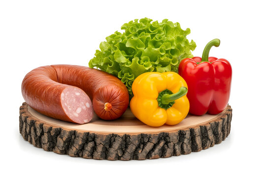 Sausage with fresh vegetables Smoked sausage displayed with lettuce tomatoes and bell peppers on wooden slab