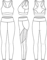 Athletic mesh panel leggings set fashion flat technical sketch vector illustration drawing with racerback sports bra and hidden pockets.