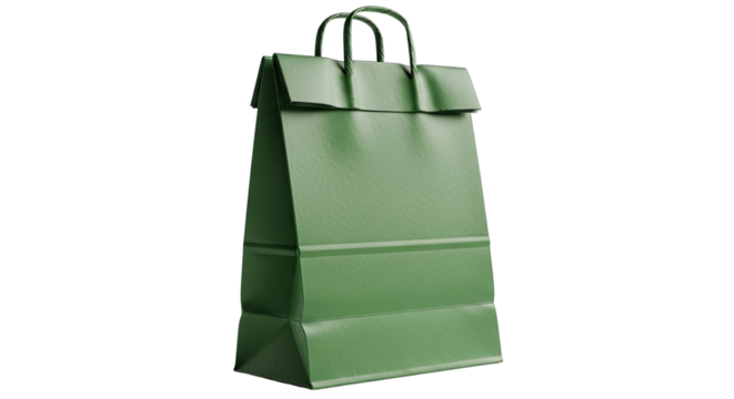 A Plain Green Paper Shopping Bag with Twisted Handles Stands Isolated Against a Black Background Representing Retail and Eco-Friendly Packaging