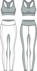 Athletic color block fitness set fashion flat technical sketch vector illustration drawing with scoop neck sports bra and paneled leggings.