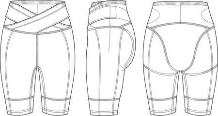 Athletic biker shorts fashion flat technical sketch vector illustration drawing with criss-cross waistband and ergonomic curved seams.