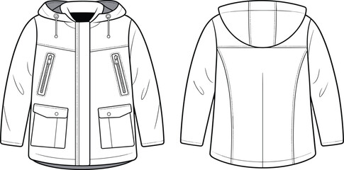 Hooded technical parka jacket fashion flat technical sketch vector illustration drawing with zipped pockets, flap pockets, and storm placket.