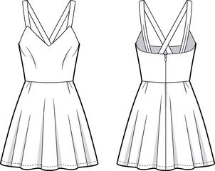 Mini fit-and-flare dress fashion flat technical sketch vector illustration drawing with V-neck, criss-cross back straps, and zipper.