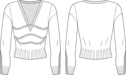 Cropped rope embellished V-neck sweater fashion flat technical sketch vector illustration drawing with ribbed hem and split sleeves.