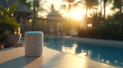 Smart speaker sits poolside in lush tropical setting at golden hour
