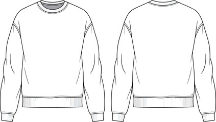 Oversized drop shoulder sweatshirt fashion flat technical sketch vector illustration drawing with crew neck and ribbed trims.