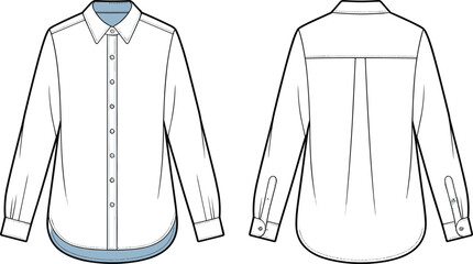 Fitted classic long-sleeve women's button-up shirt fashion flat technical sketch vector illustration drawing with cuffs and collar.