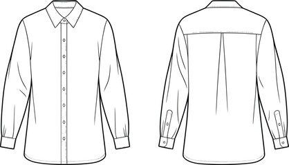 Classic long sleeve collared button-down shirt apparel technical fashion flat sketch vector illustration template front and back view outline mock-up.