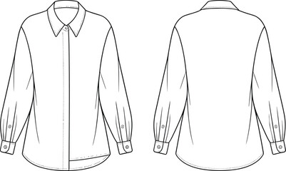 Oversized long-sleeve blouse fashion flat technical sketch vector illustration drawing with button cuffs, classic collar, and curved hem.