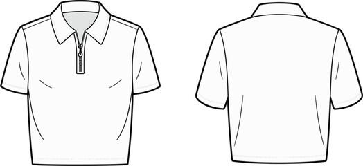 Cropped Zip-Up Polo Shirt Technical Fashion Flat Sketch CAD Drawing Vector Illustration Template for Apparel Design Mockup.