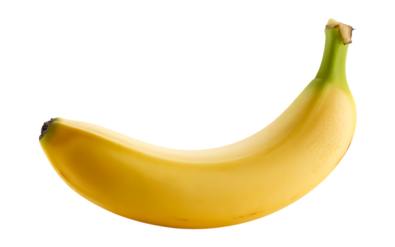 A single ripe yellow banana with a green stem isolated on a stark black background