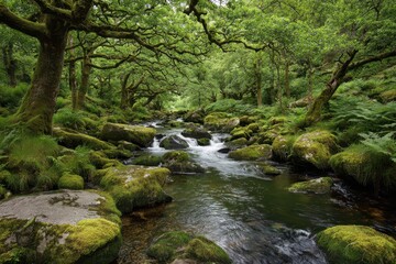 Obraz premium Enchanting Wistmans Wood: A Serene Forest Oasis with Lush Greenery, Tranquil Stream, and Moss-Covered Rocks in Dartmoor, Devon, England