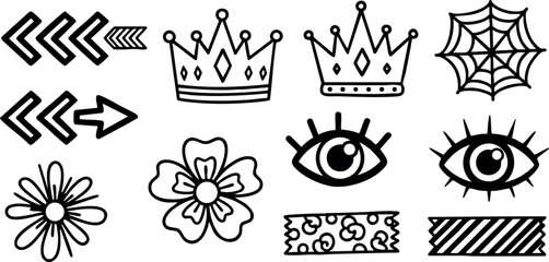 Fototapeta premium Decorative simple black line art icons including arrows, crowns, eyes, flowers, web, and patterns vector set for design elements