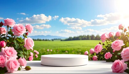 White platform in a rose garden against a sunny sky and green field background on wooden planks