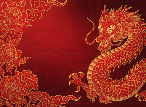 chinese new year dragon design with decorative flowers and clouds