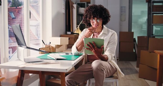 Logistics, tablet and thinking with man in office for delivery, distribution or shipping of boxes. App, idea and planning with employee in supply chain depot for agenda, package tracking or schedule