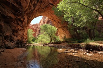 Jacob Hamblin Arch: Scenic Landscape of Coyote Gulch, Utah with Stream, Trees, and Double Canyon Views
