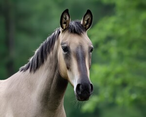 Obraz premium Intimate Capture of a Free Grullo Horse Galloping Through Lush Green Fields