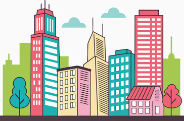 Fototapeta premium Colorful cityscape with trees and clouds