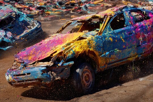 Epic Smash Fest: Intense Demolition Derby 5 with Vibrant Spray-Painted Cars in Action