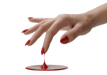 Hand with red nail polish dripping isolated on transparent background