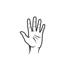 Obraz premium Black and white line art illustration of an open human hand with fingers spread, palm facing forward, isolated on a white background.