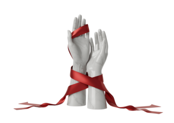 Hands tied with red ribbon isolated on transparent background
