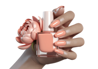 Hand holding nail polish with flower isolated on transparent background