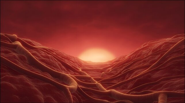 Crimson sunset illuminates an alien landscape with organic vascular structures and undulating terrain
