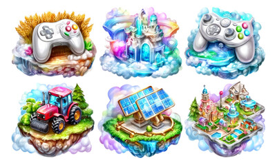 Obraz premium Colorful Isolated Objects of Gaming, Farming, Solar Energy, and Fantasy Art
