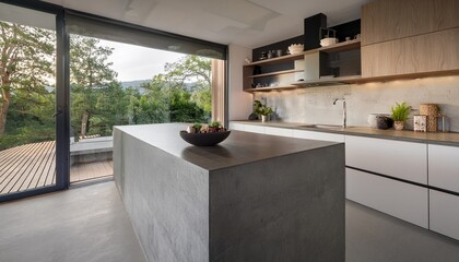 modern minimalist kitchen with concrete island open shelving and outdoor view