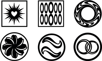 Abstract black and white circular and square geometric shapes vector design icons with heart and rings
