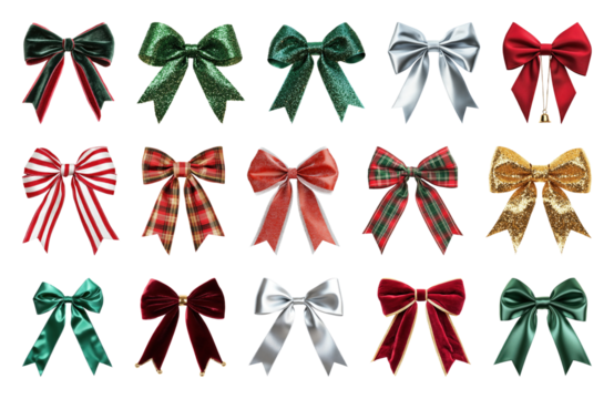 PNG Festive bows in various colors, element set on transparent background