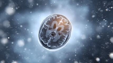 Detailed medical scan of a human brain s anatomy set against an ethereal glowing background with falling particles