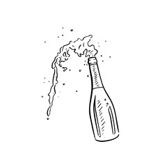 Champagne pop illustration. Celebration drawing in black line.