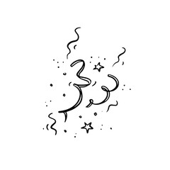 Celebration streamers, confetti and stars. Black hand drawn illustration.