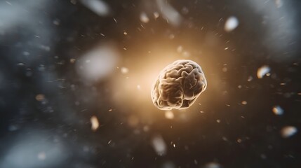 An ethereal abstract visualization of a human brain floating in a dark cosmic void illuminated by soft glowing particles