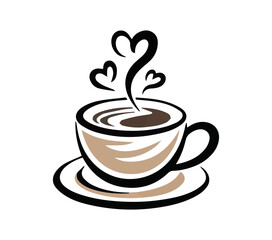 Obraz premium Steaming coffee cup with heart shaped steam and swirls