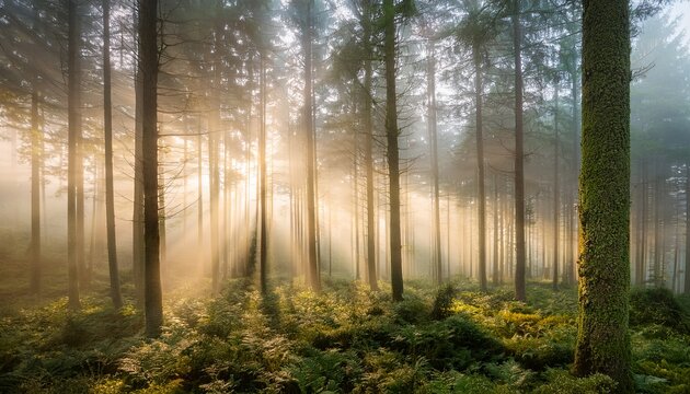 a dense misty forest bathed in soft sunlight filtering through tall trees creating a mystical and serene atmosphere